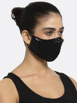 Anekaant 3-Ply Black Sequinned Polycotton Designer Mask 1