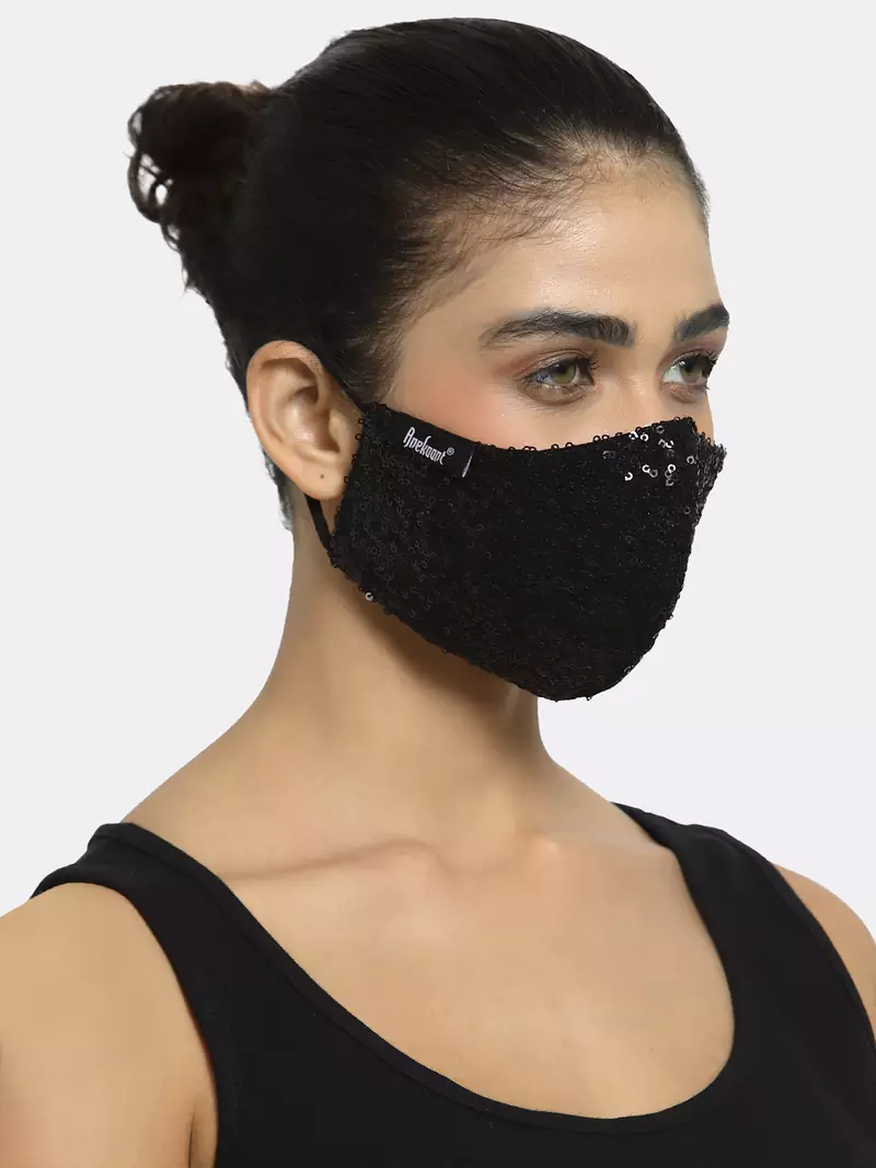 Anekaant 3-Ply Black Sequinned Polycotton Designer Mask