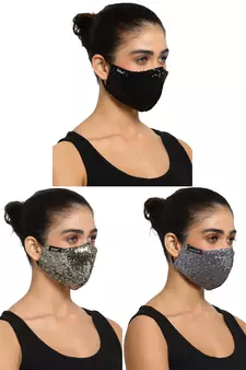 Anekaant 3-Ply Black Sequinned Polycotton Designer Mask (Pack of 3)