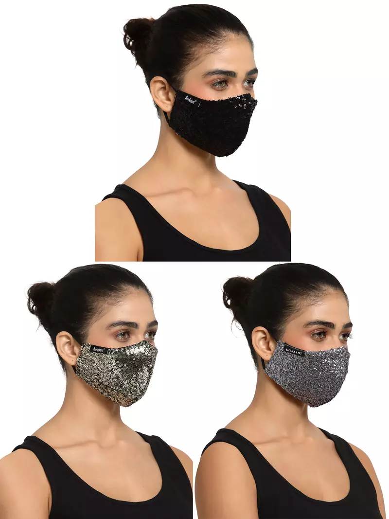 Anekaant 3-Ply Black Sequinned Polycotton Designer Mask (Pack of 3)