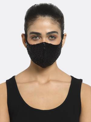 Anekaant 3-Ply Black Sequinned Polycotton Designer Mask (Pack of 3) 2