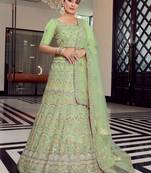Light-green thread embroidery organza semi stitched lehenga