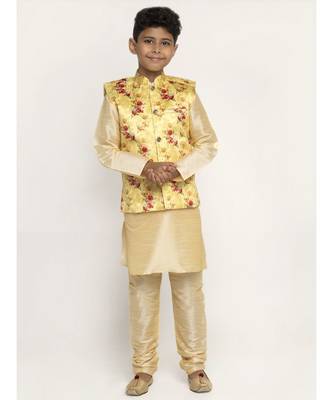 Boys Beige and Yellow Silk Kurta with Churidar & Satin Printed Nehru jacket Set 1