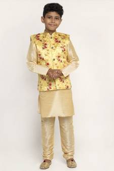 Boys Beige and Yellow Silk Kurta with Churidar & Satin Printed Nehru jacket Set