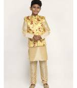 Boys Beige and Yellow Silk Kurta with Churidar & Satin Printed Nehru jacket Set