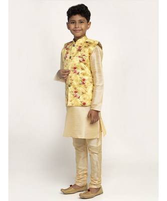 Boys Beige and Yellow Silk Kurta with Churidar & Satin Printed Nehru jacket Set 2