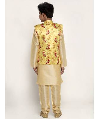 Boys Beige and Yellow Silk Kurta with Churidar & Satin Printed Nehru jacket Set 3
