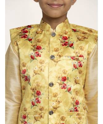 Boys Beige and Yellow Silk Kurta with Churidar & Satin Printed Nehru jacket Set 4