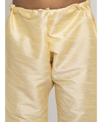 Boys Beige and Yellow Silk Kurta with Churidar & Satin Printed Nehru jacket Set 5