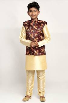 Boys Beige and Maroon Silk Kurta with Churidar & Satin Printed Nehru jacket Set