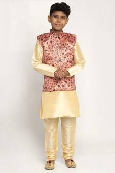 Boys Beige and Peach Silk Kurta with Churidar & Satin Printed Nehru jacket Set