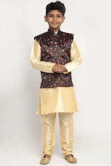 Boys Beige and Black Silk Kurta with Churidar & Satin Printed Nehru jacket Set
