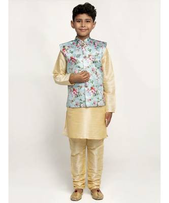 Boys Beige and Sky Black Silk Kurta with Churidar & Satin Printed Nehru jacket Set 1