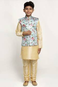 Boys Beige and Sky Black Silk Kurta with Churidar & Satin Printed Nehru jacket Set