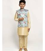 Boys Beige and Sky Black Silk Kurta with Churidar & Satin Printed Nehru jacket Set