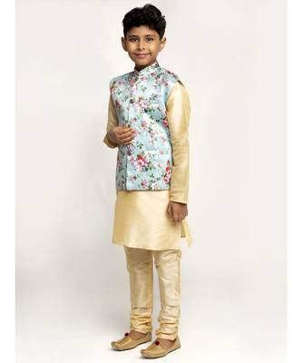 Boys Beige and Sky Black Silk Kurta with Churidar & Satin Printed Nehru jacket Set 2