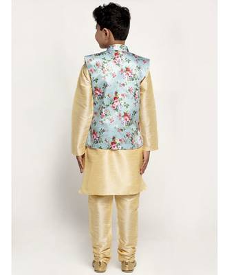 Boys Beige and Sky Black Silk Kurta with Churidar & Satin Printed Nehru jacket Set 3