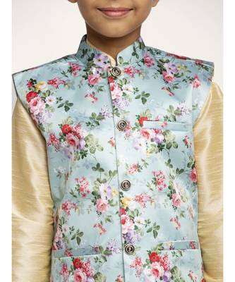 Boys Beige and Sky Black Silk Kurta with Churidar & Satin Printed Nehru jacket Set 4