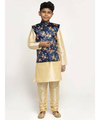 Boys Beige and Navy Black Silk Kurta with Churidar & Satin Printed Nehru jacket Set 1