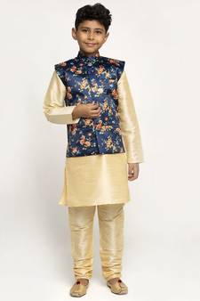 Boys Beige and Navy Black Silk Kurta with Churidar & Satin Printed Nehru jacket Set