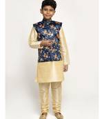 Boys Beige and Navy Black Silk Kurta with Churidar & Satin Printed Nehru jacket Set