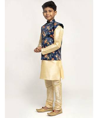 Boys Beige and Navy Black Silk Kurta with Churidar & Satin Printed Nehru jacket Set 2