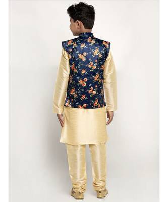 Boys Beige and Navy Black Silk Kurta with Churidar & Satin Printed Nehru jacket Set 3