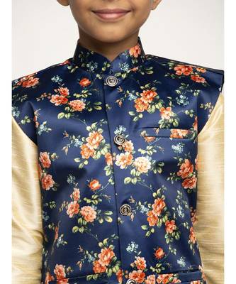 Boys Beige and Navy Black Silk Kurta with Churidar & Satin Printed Nehru jacket Set 4