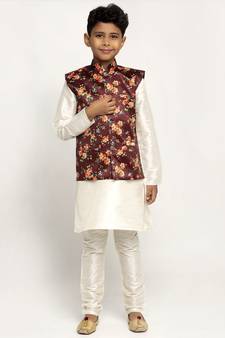 Boys Cream and Maroon Silk Kurta with Churidar & Satin Printed Nehru jacket Set