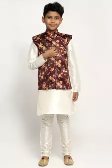 Boys Cream and Maroon Silk Kurta with Churidar & Satin Printed Nehru jacket Set