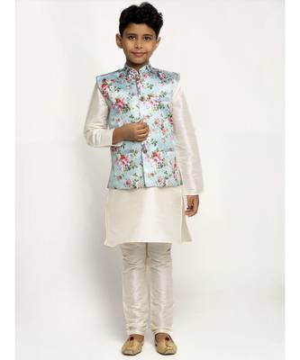Plain Boys White Silk Kurta Pajama Set with Satin Floral Printed Nehru Jacket 1