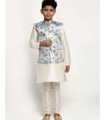 Plain Boys White Silk Kurta Pajama Set with Satin Floral Printed Nehru Jacket