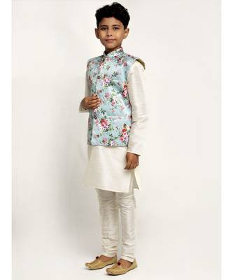 Plain Boys White Silk Kurta Pajama Set with Satin Floral Printed Nehru Jacket 2