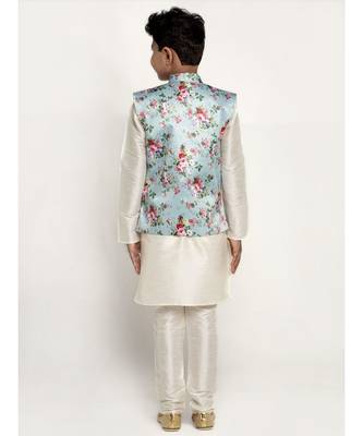 Plain Boys White Silk Kurta Pajama Set with Satin Floral Printed Nehru Jacket 3