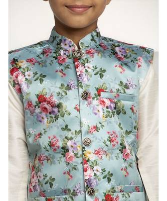 Plain Boys White Silk Kurta Pajama Set with Satin Floral Printed Nehru Jacket 4