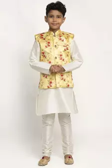 Boys Cream and Yellow Silk Kurta with Churidar & Satin Printed Nehru jacket Set