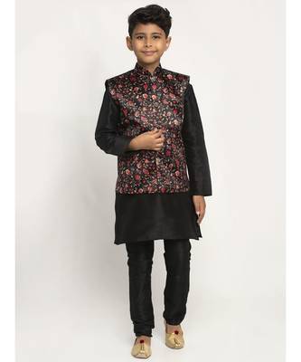 Boys Black and Black Silk Kurta with Churidar & Satin Printed Nehru jacket Set 1