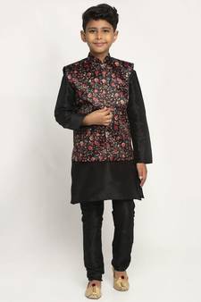 Boys Black and Black Silk Kurta with Churidar & Satin Printed Nehru jacket Set