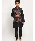 Boys Black and Black Silk Kurta with Churidar & Satin Printed Nehru jacket Set