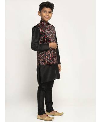 Boys Black and Black Silk Kurta with Churidar & Satin Printed Nehru jacket Set 2