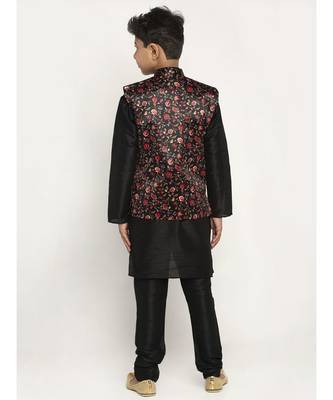 Boys Black and Black Silk Kurta with Churidar & Satin Printed Nehru jacket Set 3