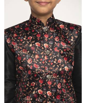 Boys Black and Black Silk Kurta with Churidar & Satin Printed Nehru jacket Set 4