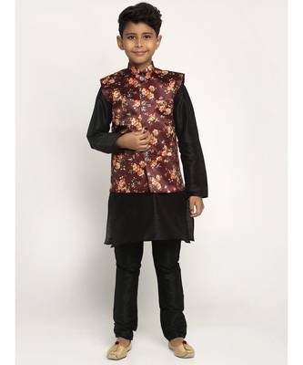 Boys Black and Maroon Silk Kurta with Churidar & Satin Printed Nehru jacket Set 1