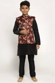 Boys Black and Maroon Silk Kurta with Churidar & Satin Printed Nehru jacket Set
