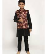 Boys Black and Maroon Silk Kurta with Churidar & Satin Printed Nehru jacket Set