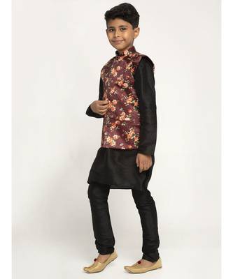Boys Black and Maroon Silk Kurta with Churidar & Satin Printed Nehru jacket Set 2
