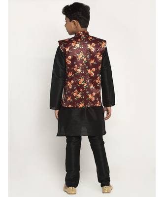 Boys Black and Maroon Silk Kurta with Churidar & Satin Printed Nehru jacket Set 3