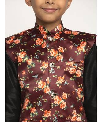Boys Black and Maroon Silk Kurta with Churidar & Satin Printed Nehru jacket Set 4