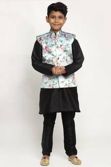 Boys Black and Sky Blue Silk Kurta with Churidar & Satin Printed Nehru jacket Set