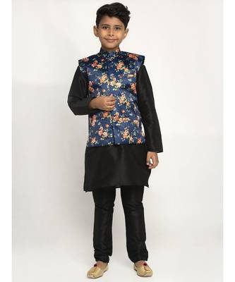 Boys Black and Navy Blue Silk Kurta with Churidar & Satin Printed Nehru jacket Set 1